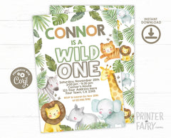 Safari 1st Birthday Invitation, Jungle Animals Party (Digital Download)