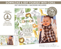 Wild One Safari Birthday Invitation, Jungle Animals (Digital Download)