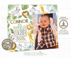 Wild One Safari Birthday Invitation, Jungle Animals (Digital Download)