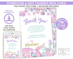 Editable Mermaid Thank You Cards, Under The Sea Party (Digital Download)