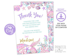 Editable Mermaid Thank You Cards, Under The Sea Party (Digital Download)