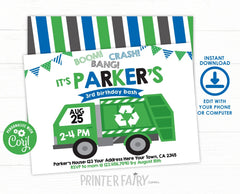 Editable Trash Truck Birthday Invitation Template (Digital Instant Download)