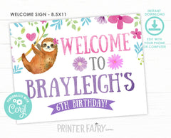 Sloth Welcome Sign, EDITABLE Birthday Party Decoration (Instant Download)