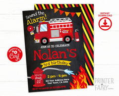 Firefighter Birthday Invitation, Firetruck Party (Editable, Instant Download)