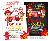 Fire fighter Invitation with photo, Sibling Birthday Invitations, Personalized Digital Invitation, 2 options