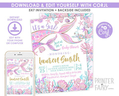 Mermaid Baby Shower Invitation, Under the Sea, EDITABLE (Instant Download)