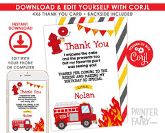 Firefighter Thank You Cards Editable Template, INSTANT DOWNLOAD