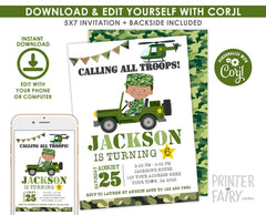 Editable Army Birthday Invitation, Camo Party (Digital Download)
