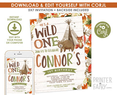 Wild One Boy Birthday Invitation Editable Template, Instant Download