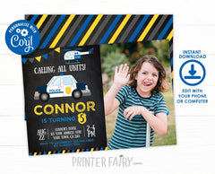 Editable Police Car Birthday Invitation, Photo Cops Party (Digital Download)