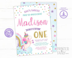 Unicorn First Birthday Invitation, Editable Rainbow Party (Digital Invite)