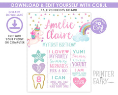 Unicorn 1st Birthday Milestones Board Editable Template, Instant Download