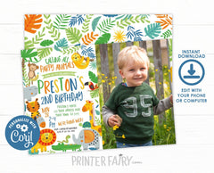 Editable Jungle Animals Birthday Invitation with Photo (Instant Download)