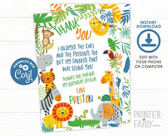 Jungle Animals Thank You Cards, Editable Template (Instant Download)
