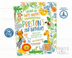 Jungle Birthday Invitation Editable Template, INSTANT DOWNLOAD