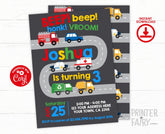 Editable Transportation Birthday Invitation, Firetruck, Police Car (Instant Download)