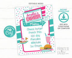 Diner Editable Menu Template Sign, INSTANT DOWNLOAD