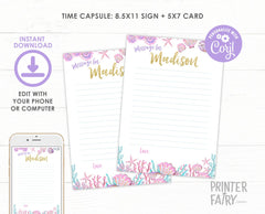 Mermaid 1st Birthday Time Capsule, Editable Sign and Card (Digital Download)