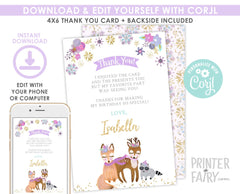 Winter Woodland Thank You Card, Girl Birthday (Editable Digital Download)