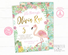 Flamingo Birthday Invitation, EDITABLE, Tropical Theme (INSTANT DOWNLOAD)