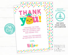 Pineapple Thank You Card, Luau Birthday, Editable (Digital Download)