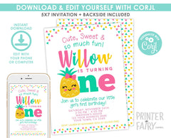 Pineapple First Birthday Invitation, EDITABLE Luau Invite (Instant Download)