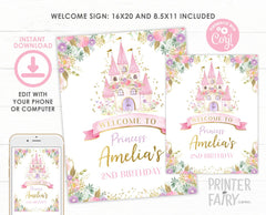 Editable Princess Birthday Welcome Sign, Floral Castle (Instant Download)