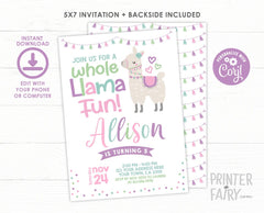 Editable Llama Birthday Invitation, Alpaca Party (Instant Download)