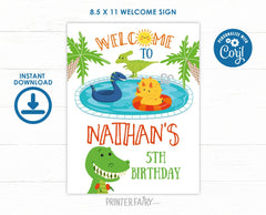 Dinosaur Pool Party Welcome Sign, EDITABLE Birthday Decor (Digital Download)