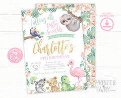 Safari Girl Birthday Invitation, Jungle Animals (INSTANT DOWNLOAD)