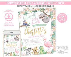 Safari Girl Birthday Invitation, Jungle Animals (INSTANT DOWNLOAD)