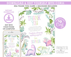 Dinosaur Girl Birthday Thank You Cards, Editable (Instant Download)