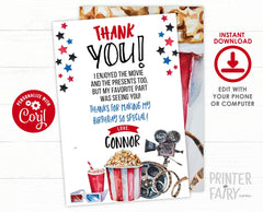 Movie Thank You Card, Cinema Party, Editable Template (Digital Download)