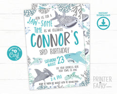 Shark Birthday Party Invitation Editable Template, INSTANT DOWNLOAD