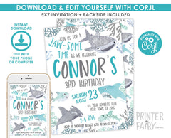 Shark Birthday Party Invitation Editable Template, INSTANT DOWNLOAD