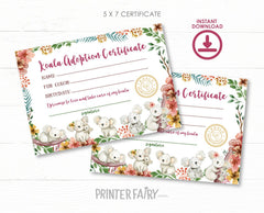 Koala Adoption Birthday Party Sign & Certificate (Digital Download)