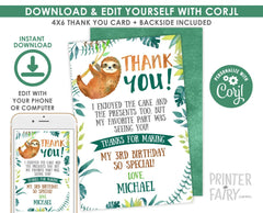 Sloth Thank You Cards, Jungle Birthday, Editable (Digital Download)