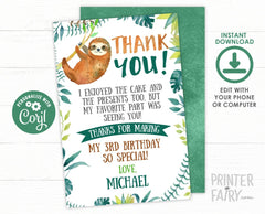 Sloth Thank You Cards, Jungle Birthday, Editable (Digital Download)