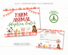 Farm Animal Adoption Sign & Certificate, Barnyard Birthday (Digital Download)