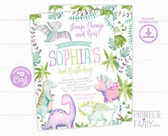 Editable Dinosaur Girl Birthday Invitation (Instant Download)
