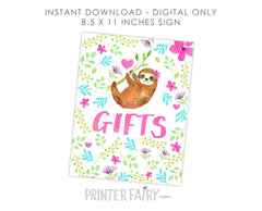 Sloth Gifts Sign, Birthday Party Decor (Instant Download)