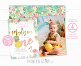 Flamingo First Birthday Invitation with Photo, Tropical Pineapple (INSTANT DOWNLOAD)