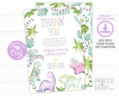 Dinosaur Girl Birthday Thank You Cards, Editable (Instant Download)