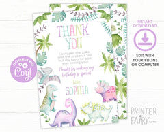 Dinosaur Girl Birthday Thank You Cards, Editable (Instant Download)