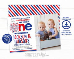 Twins First Birthday Invitation, 4th of July, Editable (INSTANT DOWNLOAD)