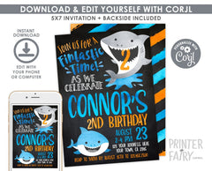 Editable Shark Birthday Invitation, Pool Party Invite (Digital Download)