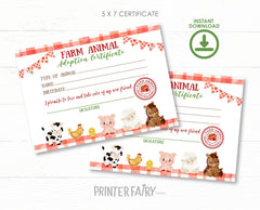 Farm Animal Adoption Sign & Certificate, Barnyard Birthday (Digital Download)