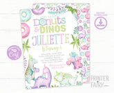 Donuts and Dinos Birthday Invitation, Editable Girl Party (Instant Download)