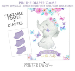 Elephant Baby Shower Pin the Diaper Game, Digital Printable Instant Download