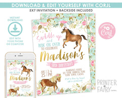 Floral Horse Birthday Invitation, Girl Cowgirl Party (INSTANT DOWNLOAD)